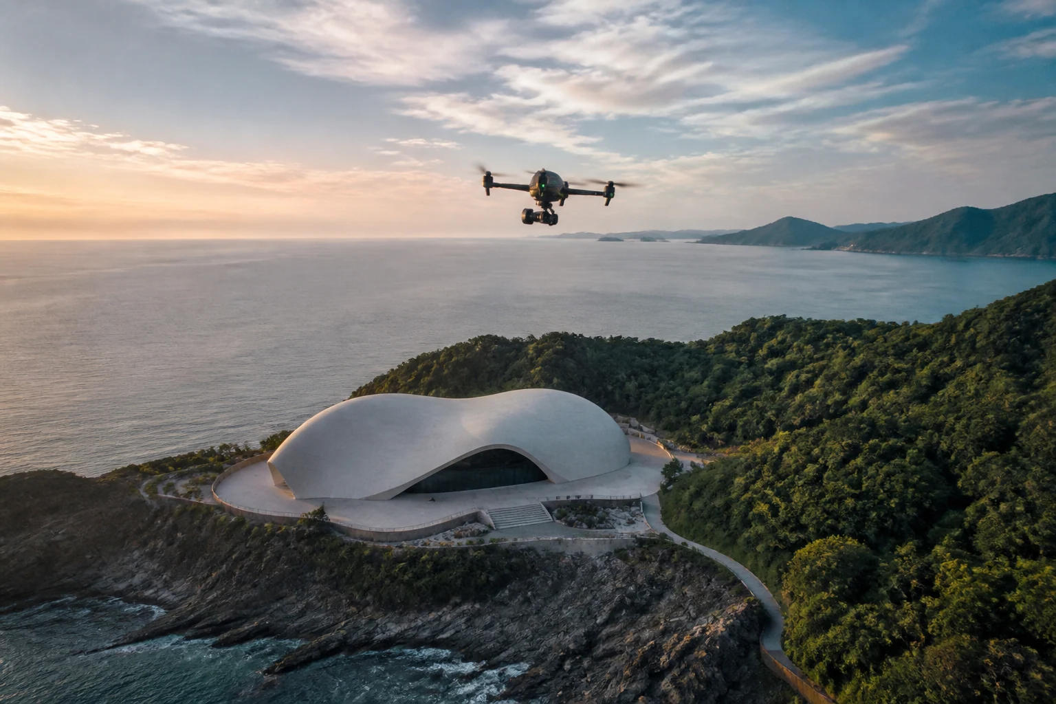 Cinematic drone filming coastal architecture at sunset
